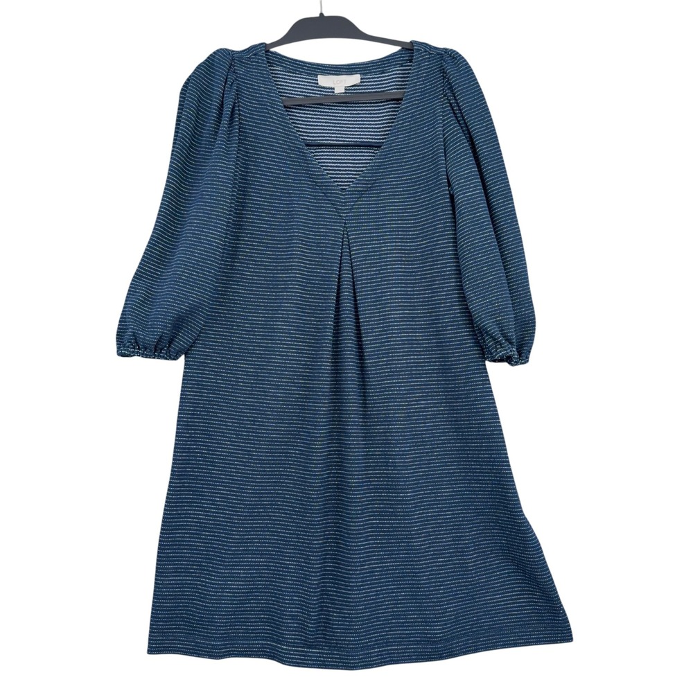 LOFT Striped Knit Shift Dress Womens M Cotton Polyester Blue